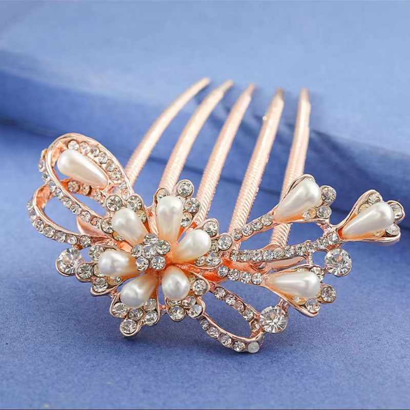 Wholesale Bow Knot Rhinestone Alloy Inlaid Pearl Hair Comb Elegant